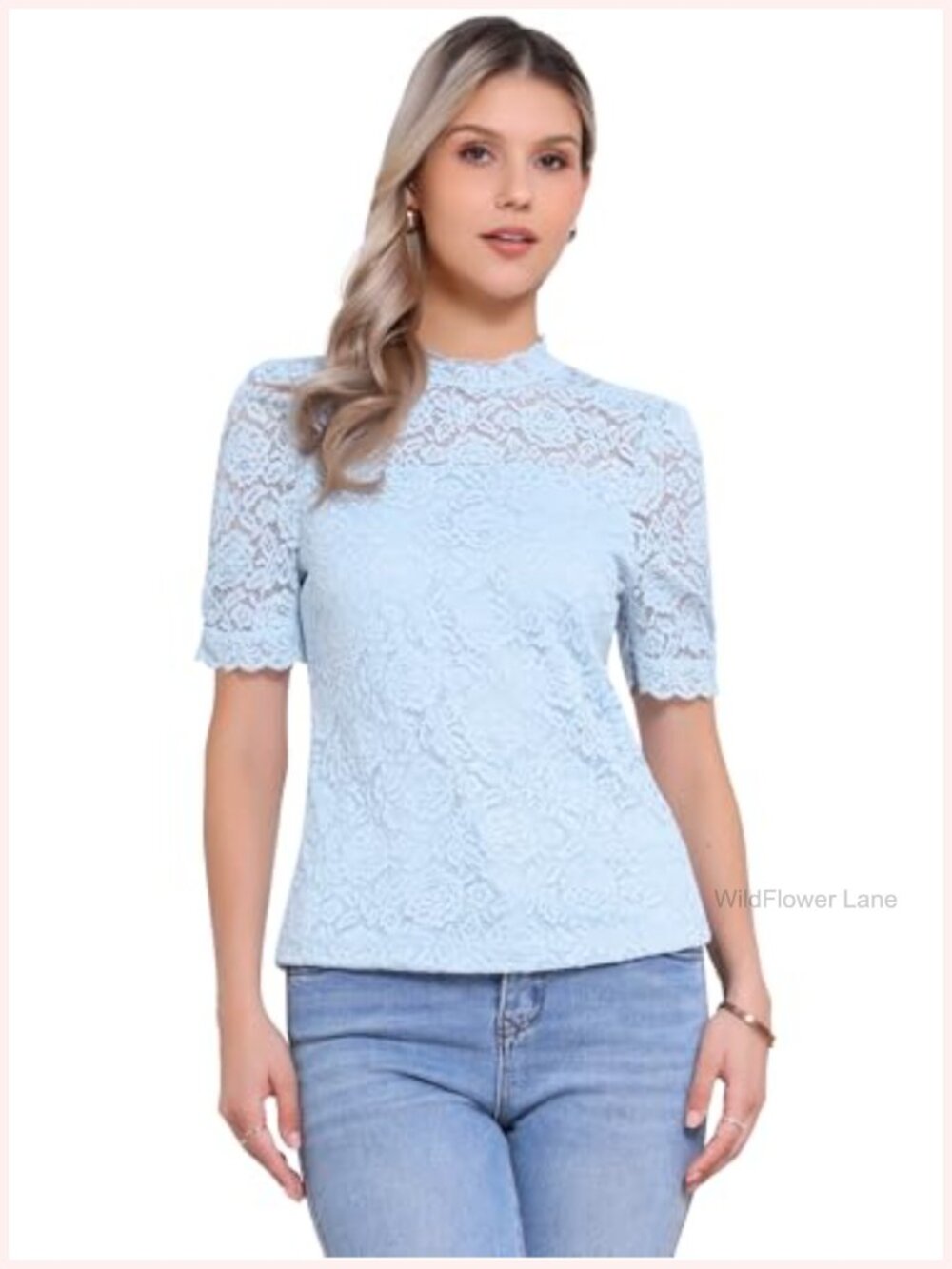 Lace Blouse Mock Neck Puff Short Sleeve Dressy Top Back Zipper